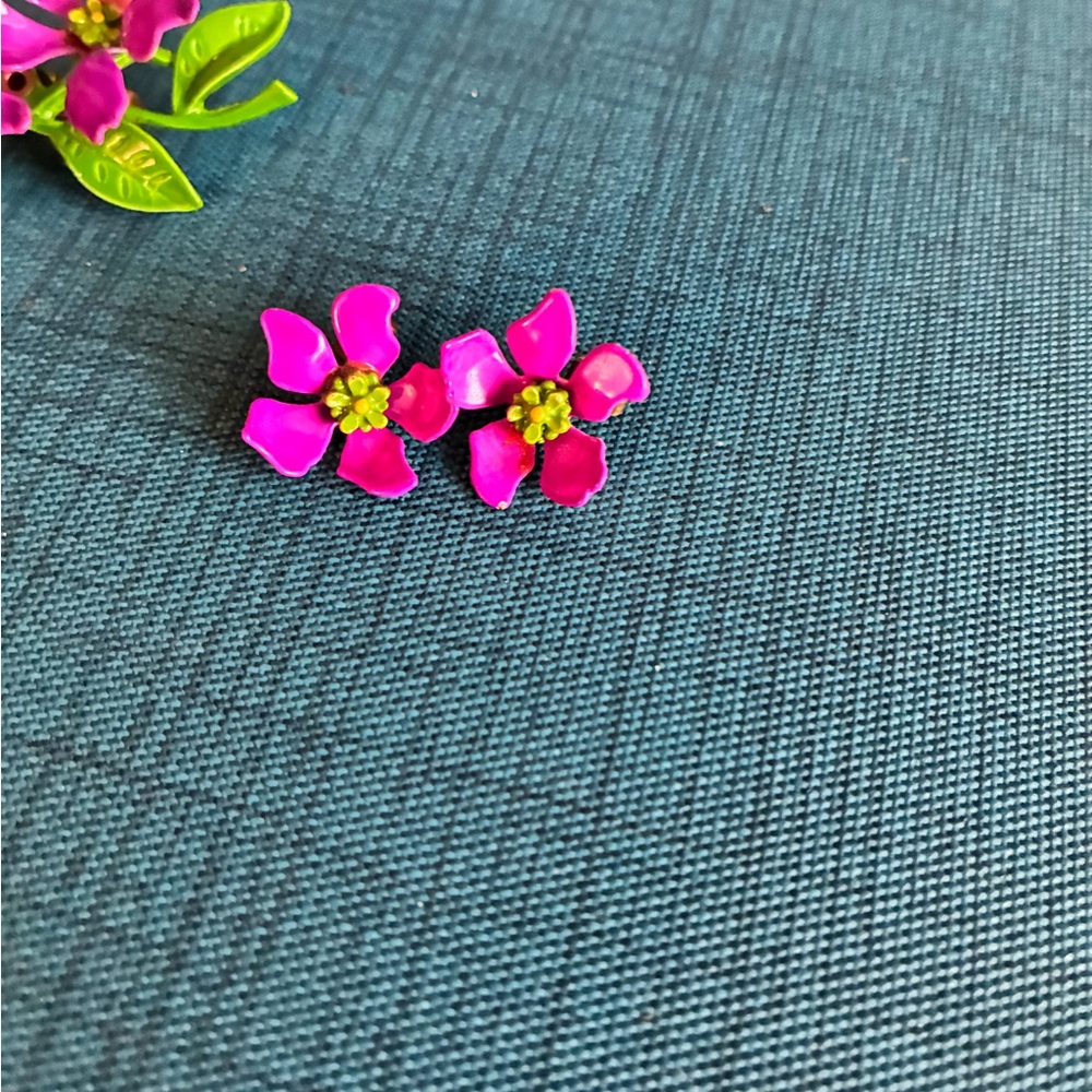 Pink Enamel Flower Brooch and Earring Set - Picture 2 of 5